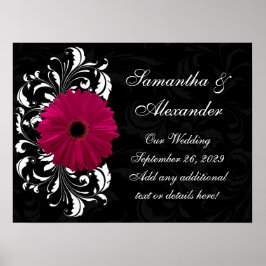 Fuchsia Scroll Gerbera Daisy w/Black and White Poster