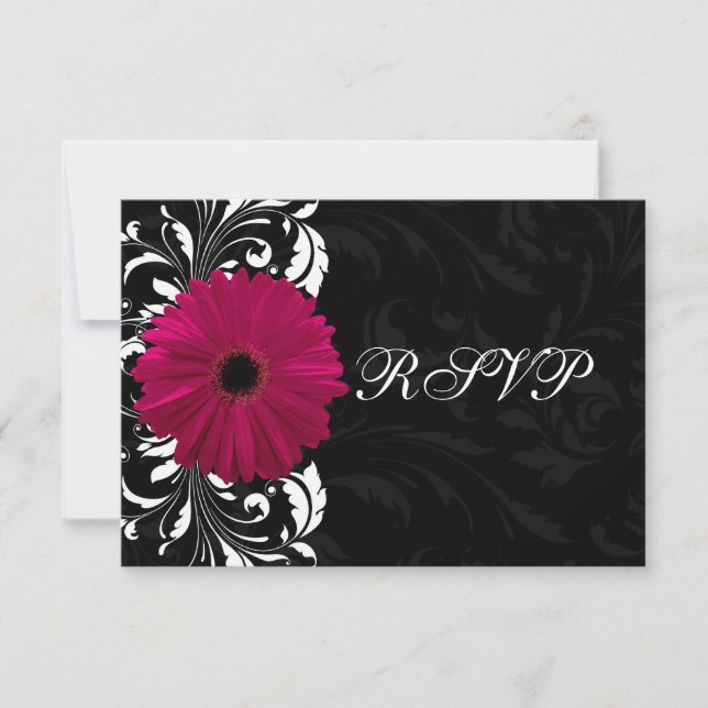 Fuchsia Scroll Gerbera Daisy w/Black and White RSVP Karte (Vorderseite)