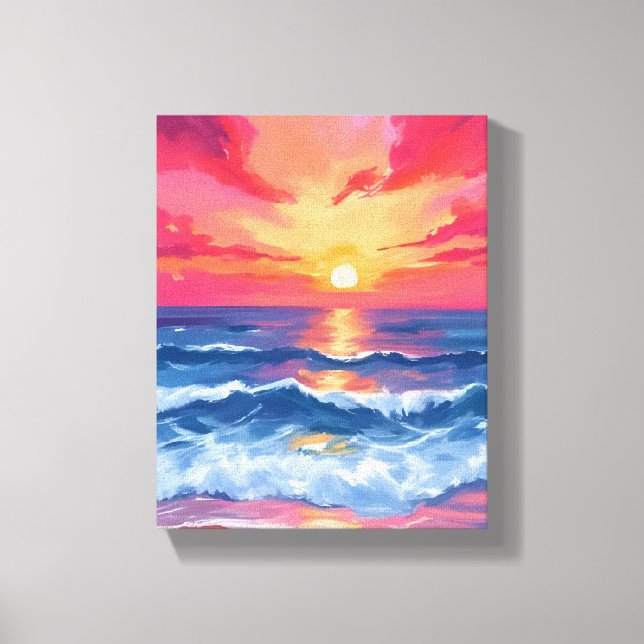 Fuchsia Shore Sunset | Ocean Waves Watercolor Leinwanddruck (Vorderseite)