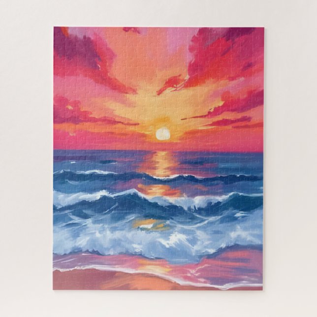 Fuchsia Shore Sunset | Ocean Waves Watercolor Puzzle (Vertikal)