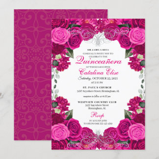 Fuchsia & Silver Floral Quinceanera Geburtstag Einladung