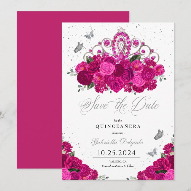 Fuchsia & Silver Tiara Save the Date Quinceañera Einladung (Vorne/Hinten)