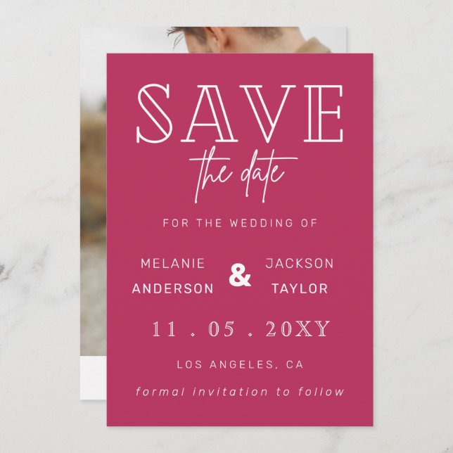 Fuchsia Simple Calligraphy Foto Save the Date (Vorne/Hinten)