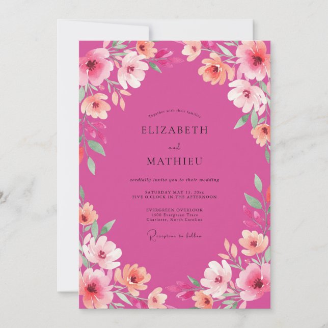 Fuchsia Strahlende Blütenhochzeit Einladung (Vorderseite)