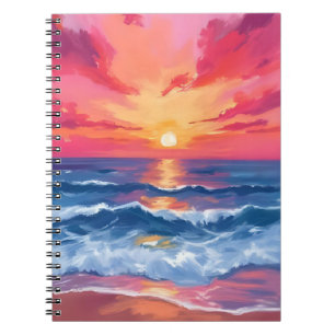 Fuchsia Strand Sonnenuntergang Ozeanwellen Aquar Notizblock