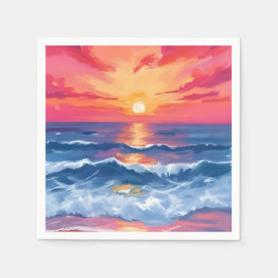 Fuchsia Strand Sonnenuntergang   Ozeanwellen Aquar Serviette
