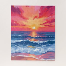 Fuchsia Strand Sonnenuntergang | Ozeanwellen Wasse Puzzle