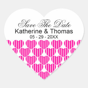 Fuchsia Striped Hearts Save the Date Stickers