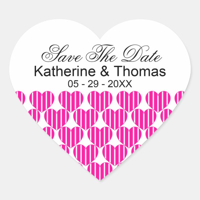 Fuchsia Striped Hearts Save the Date Stickers (Vorderseite)