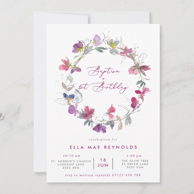 Fuchsia Sweet Pea Wreath Taufe & 1. Geburtstag Einladung (Vorderseite)