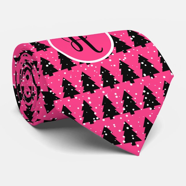 Fuchsia und Black Monogram Christmas Tree Neck Tie Krawatte (Gerollt)