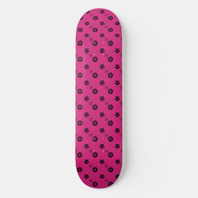Fuchsia und Black Retro Blume Skatedeck Skateboard (Vorderseite)
