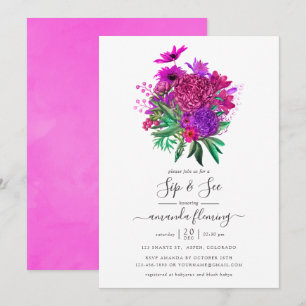 Fuchsia und lila shabby Blumen-Sip-and-See-Einladu Einladung