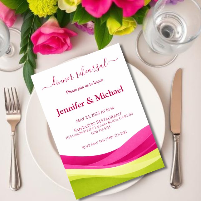 Fuchsia- und Limettengrüne Probe-Dinner  Einladung (Fuchsia and Lime Green Dinner Rehearsal  Invitation )