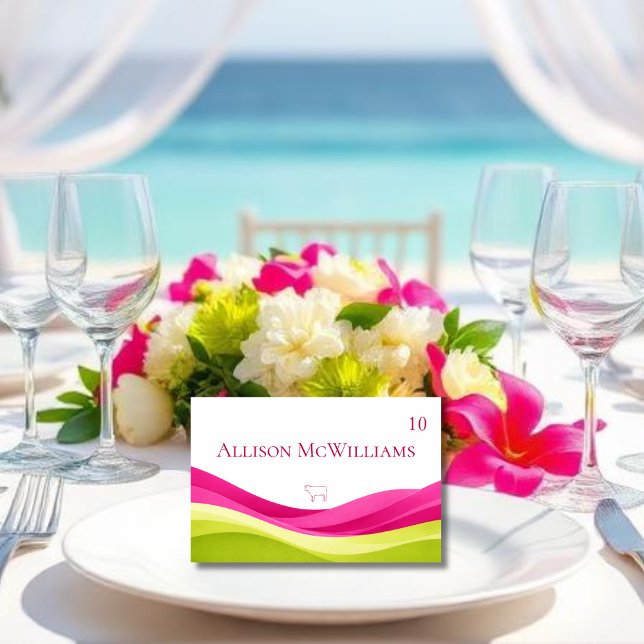 Fuchsia- und Limettengrüner Hochzeitsplatzkarte-Fl Tischnummer (Fuchsia and Lime Green Wedding Table Number Meal Icon Meat)