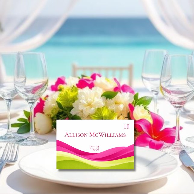 Fuchsia und Limettengrüner Hochzeitsplatzkarte-Sch Tischnummer (Fuchsia and Lime Green Wedding Table Number Meal Icon Pork)