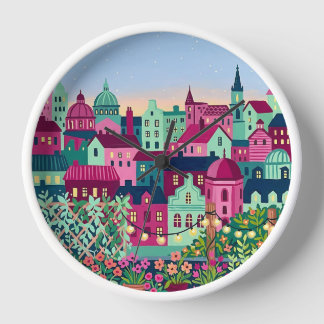 Fuchsia- und Minz-Stadt-Skyline-Wanduhr Uhr