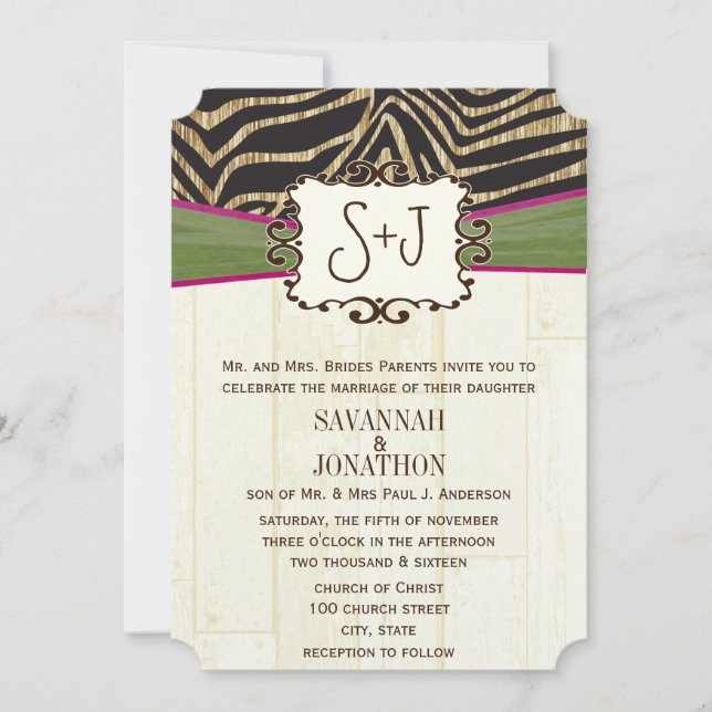 Fuchsia und Olive Barn Wood Zebra Print Wedding Einladung (Vorderseite)