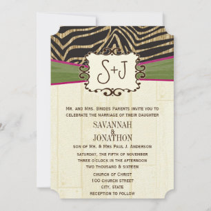 Fuchsia und Olive Barn Wood Zebra Print Wedding Einladung