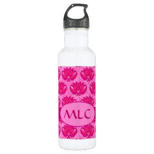 Fuchsia und rosa Art Nouveau Damask Monogramm Trinkflasche