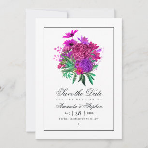 Fuchsia- und violette Vintage-Hochzeit mit florale Save The Date