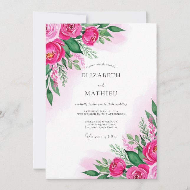 Fuchsia Üppige Wasserfarben-Hochzeit Einladung (Vorderseite)
