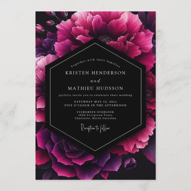Fuchsia Velvet Bloom Wedding Einladung (Vorderseite)