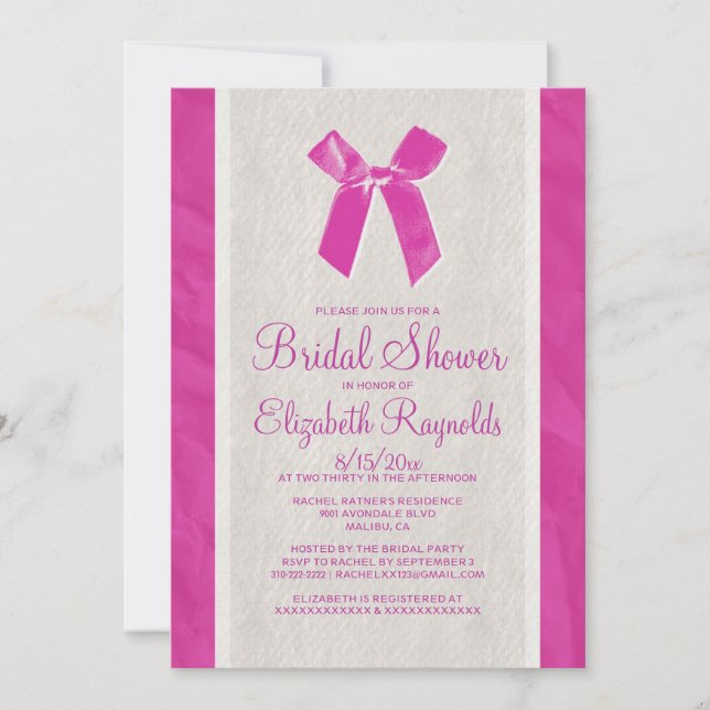 Fuchsia Vintag Bow Linen Bridal Dusche Einladung (Vorderseite)