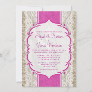 Fuchsia Vintage Leinen- und Spitzen-Hochzeitseinla Einladung
