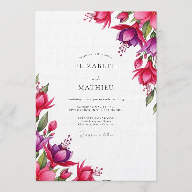 Fuchsia Watercolor Bloom Wedding Einladung (Vorderseite)