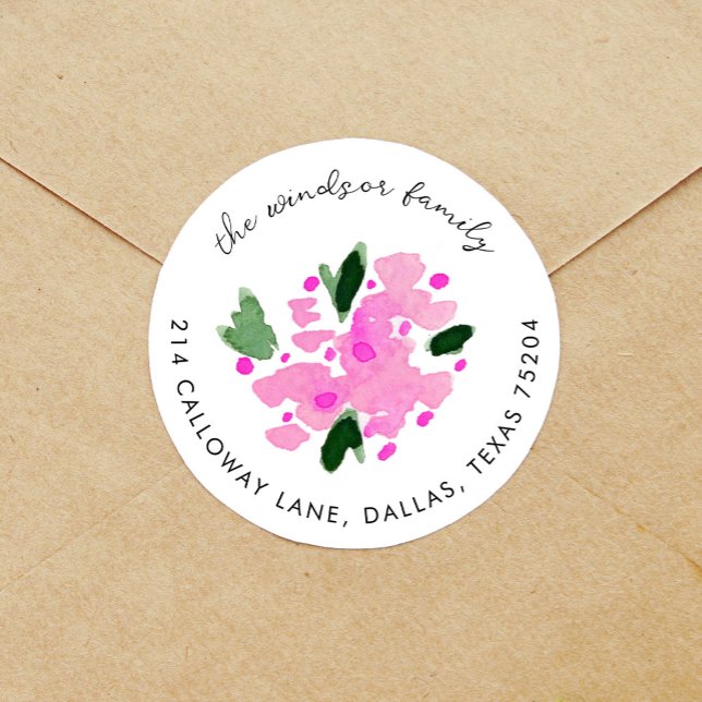 Fuchsia Watercolor Floral Bouquet Rücksendeadresse Runder Aufkleber (Fuchsia pink floral bouquet return address label round sticker.)