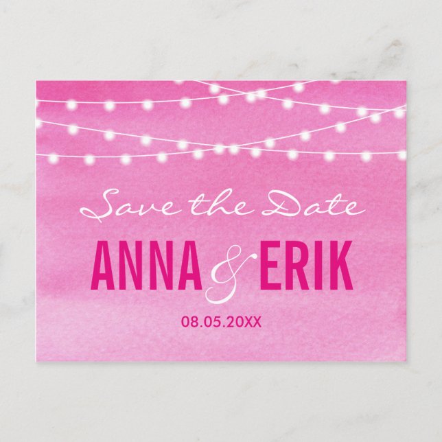 Fuchsia Watercolor String Lights Save the Date Ankündigungspostkarte (Vorderseite)