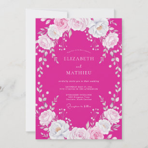 Fuchsia Weiße Blumenehe Einladung
