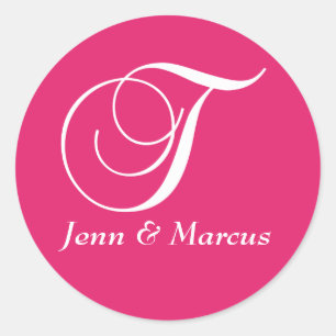 Fuchsia White Monogram T Names Wedding Sticker