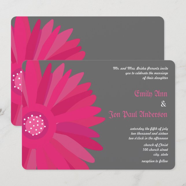 Fuchsia zu Graue Gerber Daisy Wedding Einladung (Vorne/Hinten)