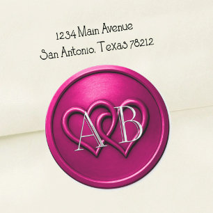 Fuchsia Zwei Herzen Verflochtenes Monogramm Hochze Runder Aufkleber