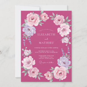 Fuchsien-Lila-Ranunculus-Eukalyptus-Hochzeit Einladung