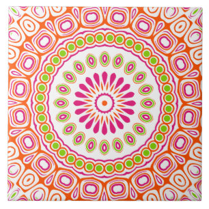 Fuchsien-orange und grün lebendiges Mandala-Muster Fliese