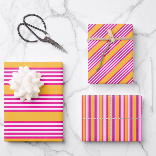 Fuchsien und gelbe fünf Streifen Muster Geschenkpapier Set (Vorderseite)
