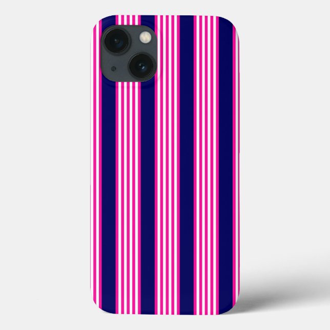 Fuchsien und weiße fünf Streifen mit blauem Muster Case-Mate iPhone Hülle (Rückseite)