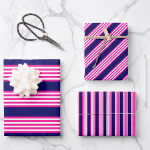 Fuchsien und weiße fünf Streifen mit blauem Muster Geschenkpapier Set