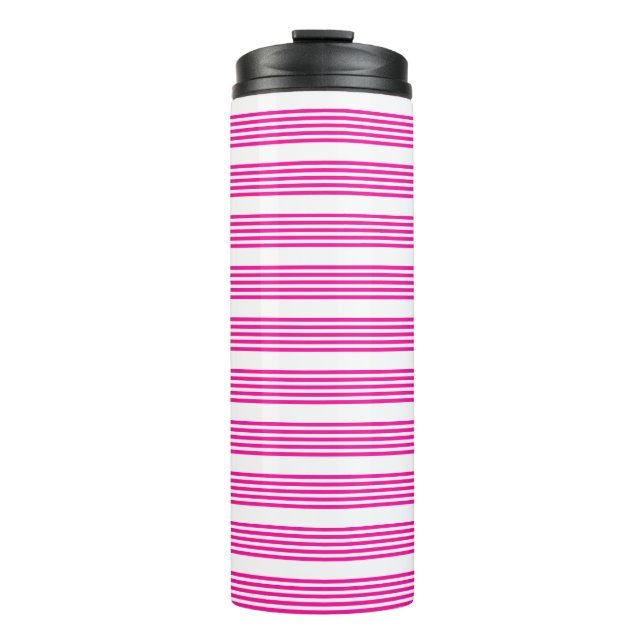 Fuchsien und weiße fünf Streifen Muster Thermosbecher (Vorderseite)