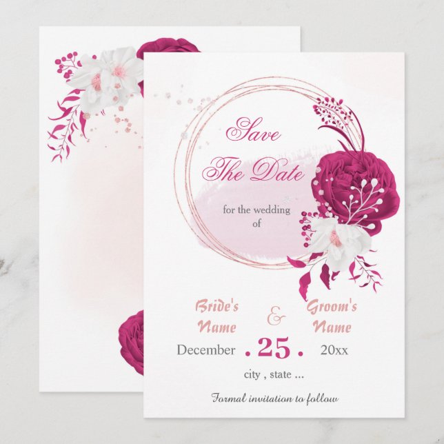 Fuchsienkranz und Blume Save the Date Einladung (Vorne/Hinten)