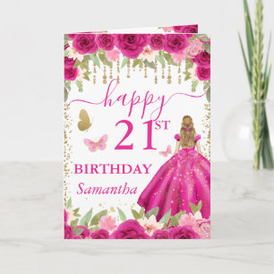 Fuchsienrosa Kleid Blonde Prinzessin Geburtstag Karte