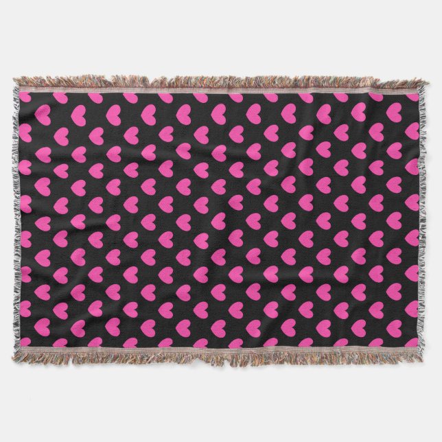 Fuchsienrosa Polka-Herzen auf schwarz Decke (Vorderseite)