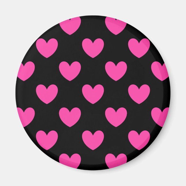 Fuchsienrosa Polka-Herzen auf schwarz Magnet (Vorne)