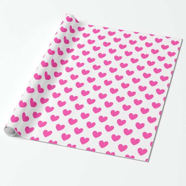 Fuchsienrosa Polka-Herzen auf weiß Geschenkpapier (Ungerollt)