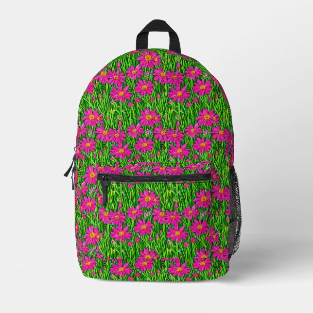 Fuchsienrosa Wildblumen in einem Feld Bedruckter Rucksack (Vorderseite)