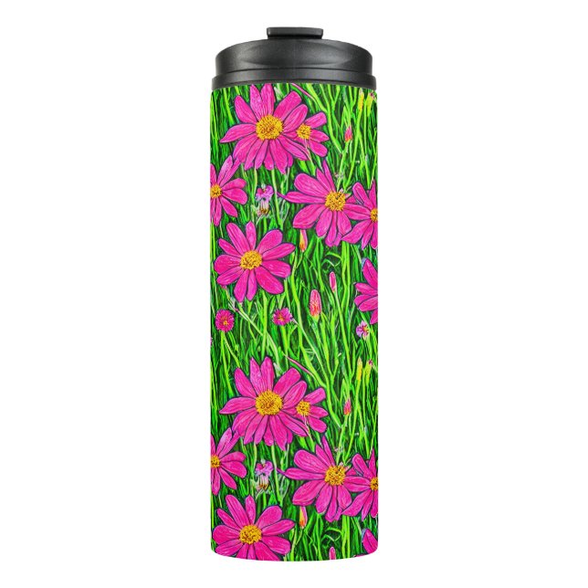 Fuchsienrosa Wildblumen in einem Feld Thermosbecher (Vorderseite)