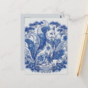Fuchsschwanz-Kitsune Imari-Stil Blau Weiß Postkarte